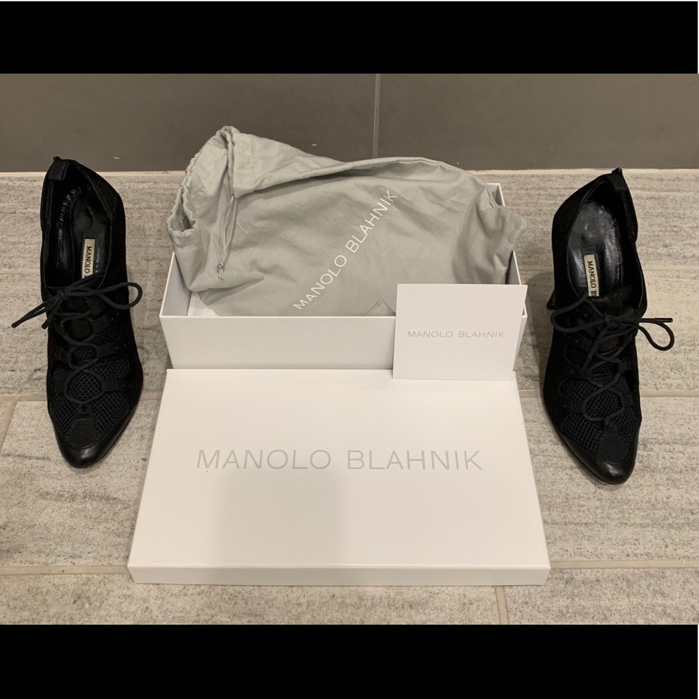 CONSIGNED. Manolo Blahnik Suede Heels with Mesh Overlay - Picture 3 of 16